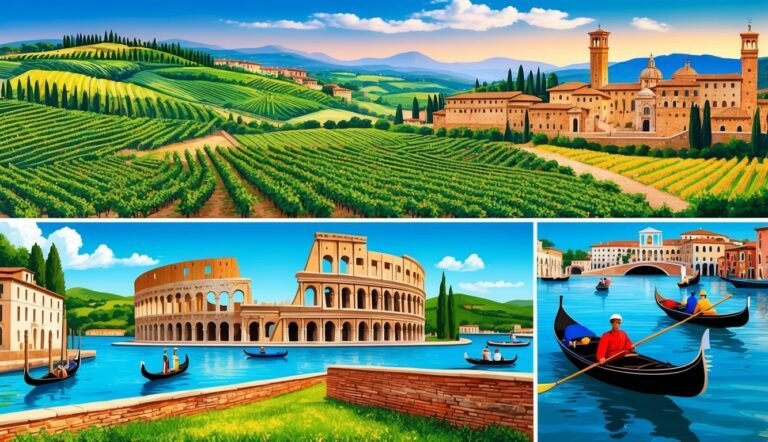 Collage of Italian landscapes: vineyards, Colosseum, and Venetian canals with gondolas