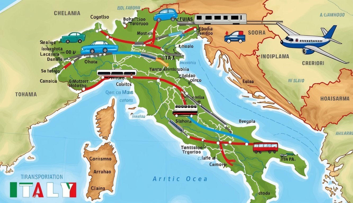 A map of Italy with various transportation modes (car, train, plane) connecting major cities and landmarks