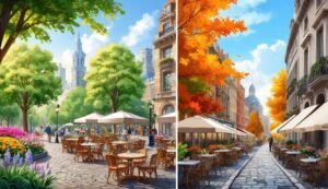 Split image of European city scenes, summer and autumn, with cafes