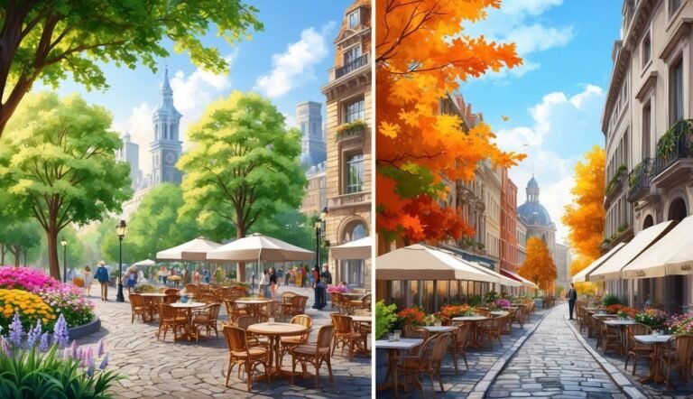 Split image of European city scenes, summer and autumn, with cafes