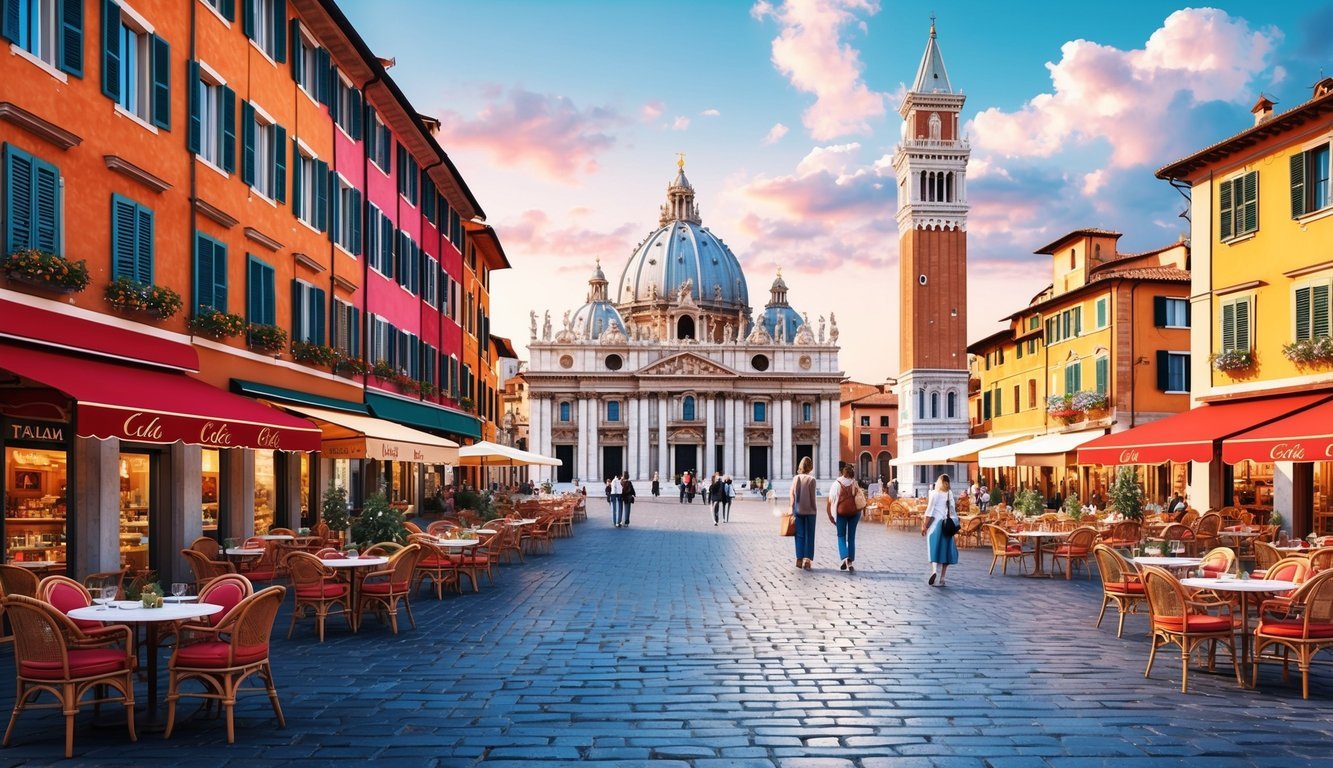 A bustling Italian piazza with iconic landmarks in the background, surrounded by vibrant cafes and shops