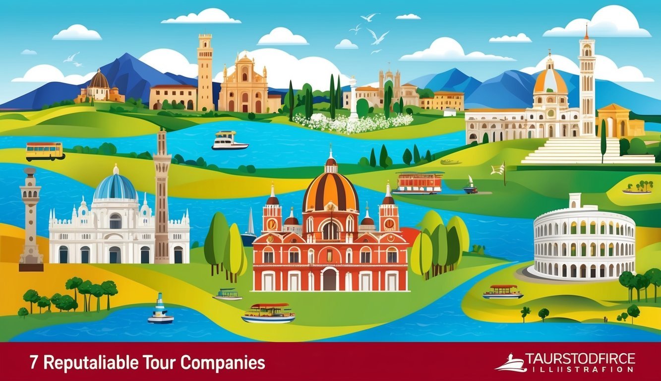 A vibrant Italian landscape with iconic landmarks and diverse tourist activities, showcasing the offerings of 7 reputable tour companies