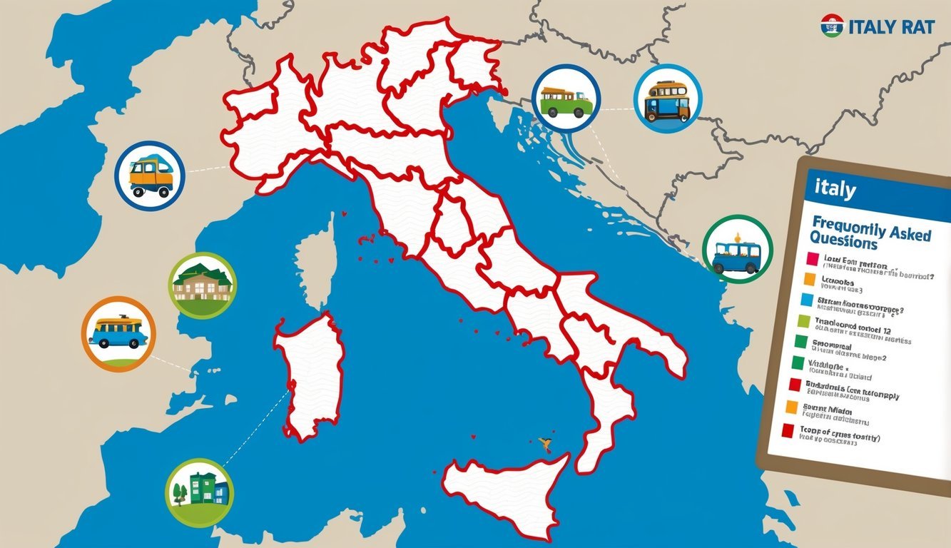 A map of Italy surrounded by icons representing different tour companies, with a list of frequently asked questions displayed nearby