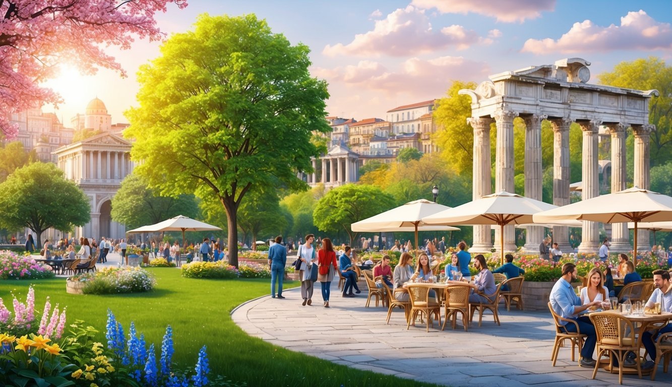 Spring: blooming flowers in the city parks, outdoor cafes bustling with locals and tourists, and warm sunshine illuminating the ancient ruins