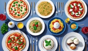 Overhead view of a table set with pizza, pasta, and other Italian dishes