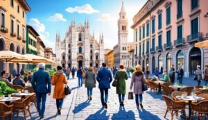 People walking towards Milan Cathedral in a sunny European city square