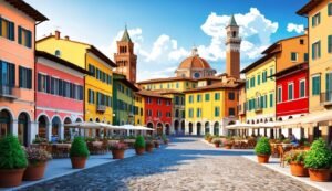 Colorful buildings line a cobblestone street with outdoor cafes and towers