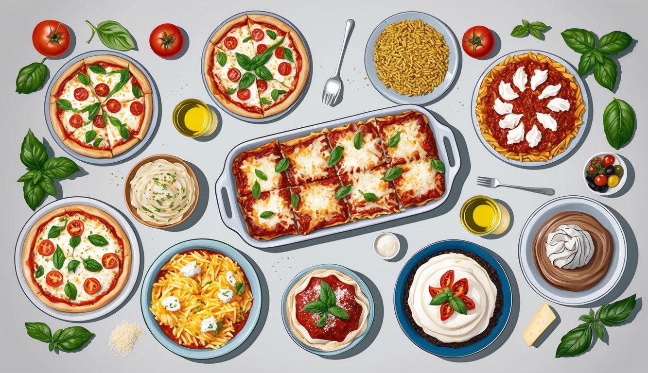 A table set with 6 iconic Italian dishes: pizza, pasta, risotto, lasagna, tiramisu, and gelato, surrounded by traditional Italian ingredients like tomatoes, basil, olive oil, and parmesan cheese