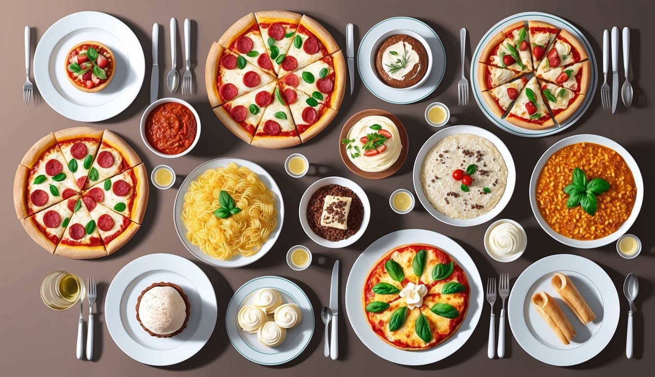 A table spread with iconic Italian dishes: pizza, pasta, risotto, tiramisu, gelato, and cannoli