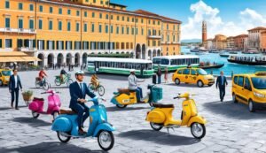 People on scooters and bikes in a European city square with taxis