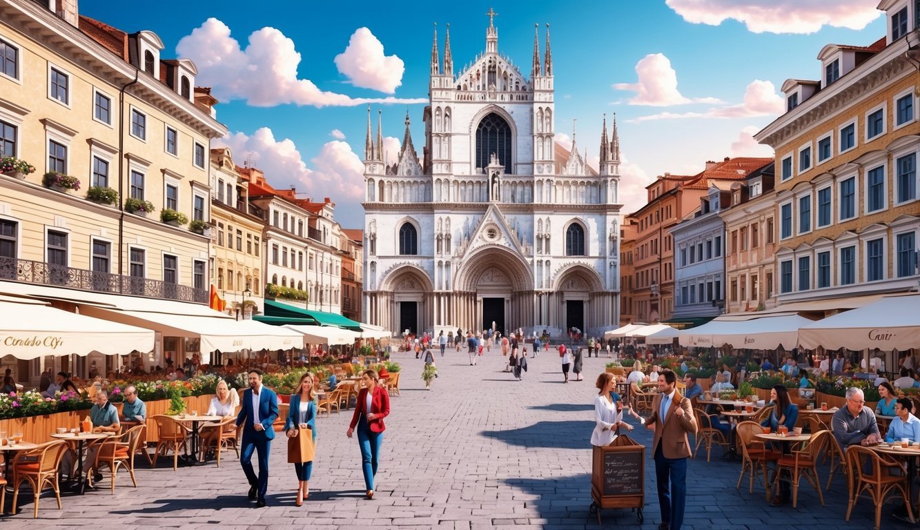 A bustling city square with a grand cathedral, bustling cafes, and historic architecture surrounded by vibrant street life and bustling activity