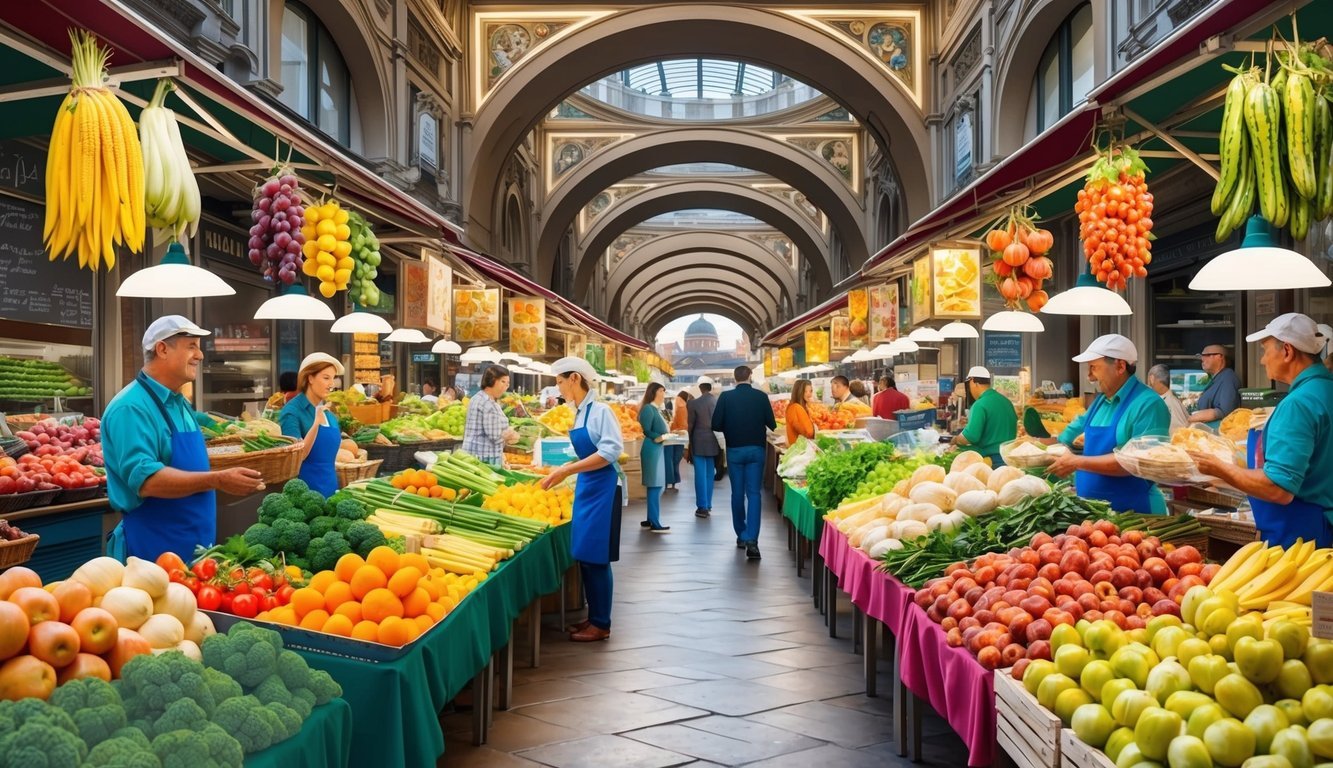 A bustling market in Milan, Italy, filled with colorful stalls selling local produce, artisan crafts, and traditional Italian delicacies