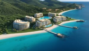 Luxury resort with hotels, pools, and piers on a tropical beach