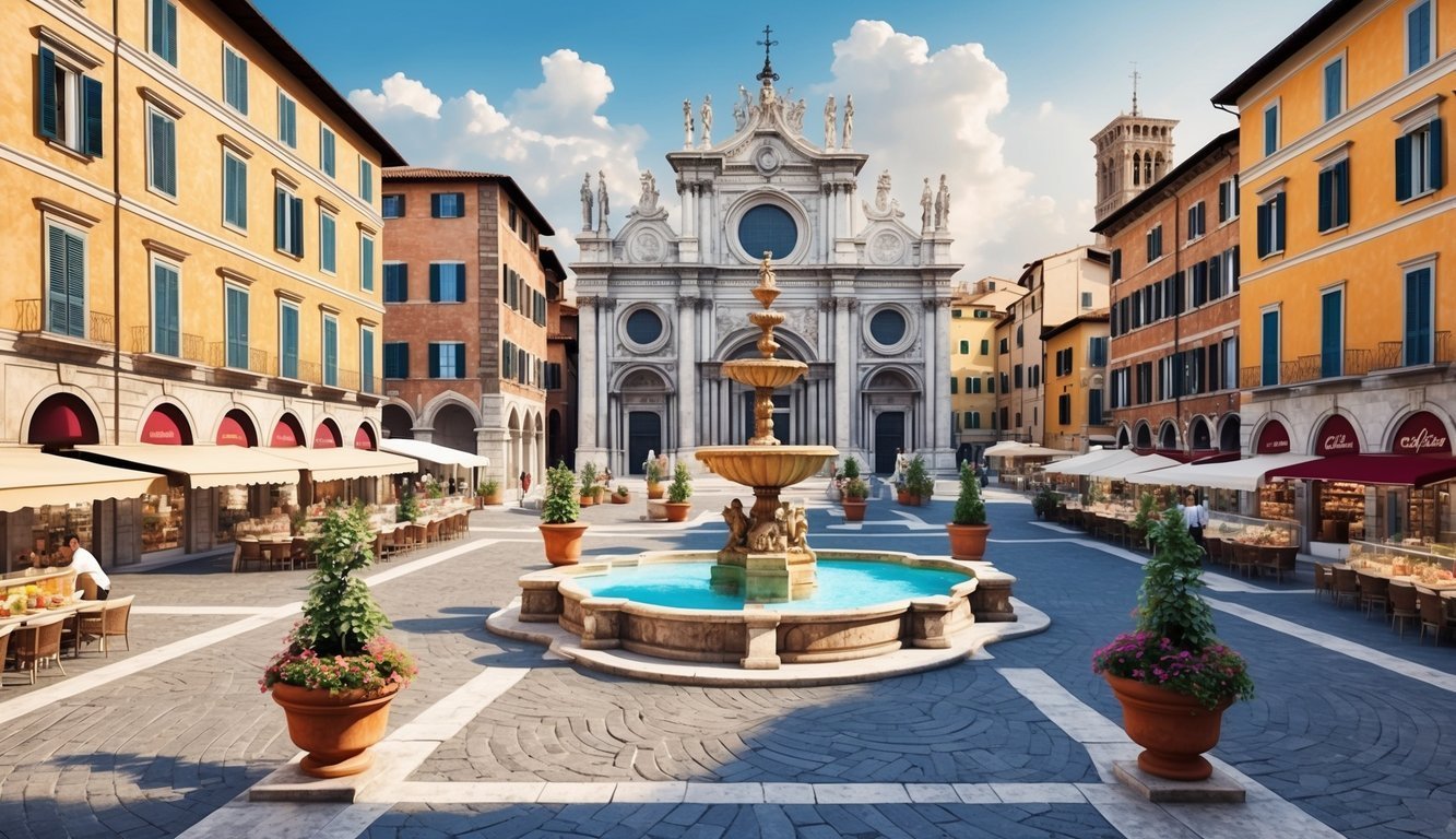 European square with fountain, church, and colorful buildings
