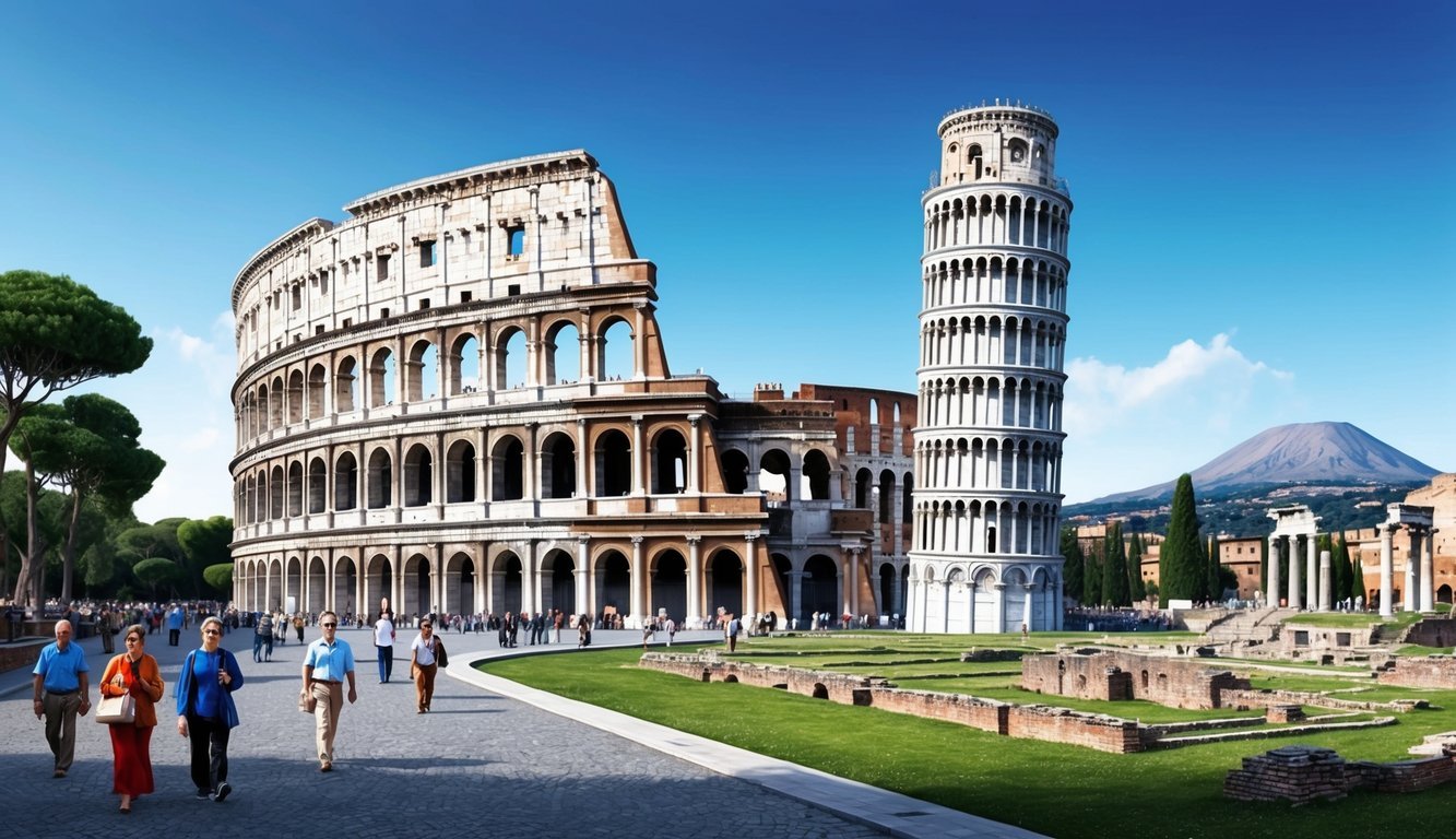 The Colosseum in Rome stands tall, with tourists milling around.</p><p>The Leaning Tower of Pisa tilts against a clear blue sky.</p><p>The ancient ruins of Pompeii sit in the shadow of Mount Vesuvius
