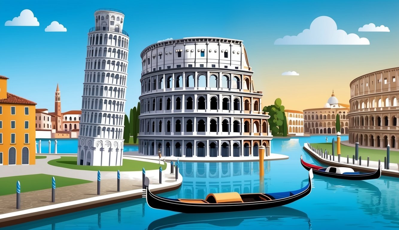 The leaning tower of Pisa, the Colosseum in Rome, and the canals of Venice, with gondolas and colorful buildings