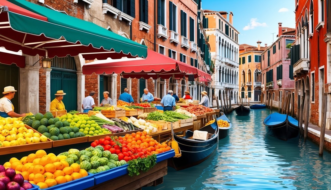 A bustling Venetian market with colorful produce stalls and charming canals winding through the historic streets