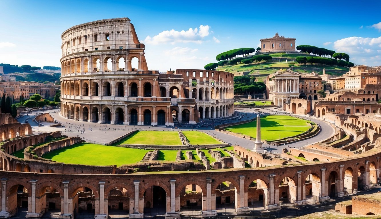A panoramic view of ancient ruins in Rome, with the Colosseum and Roman Forum in the foreground, and the Palatine Hill in the distance