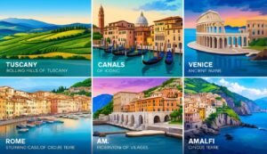 Six stylized travel posters featuring Italian landscapes and landmarks