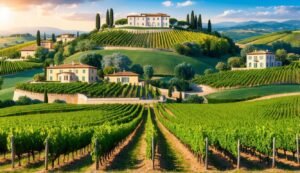 Vineyard landscape with houses on rolling hills under a sunny sky
