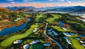 Aerial view of a scenic golf course with water features and mountains
