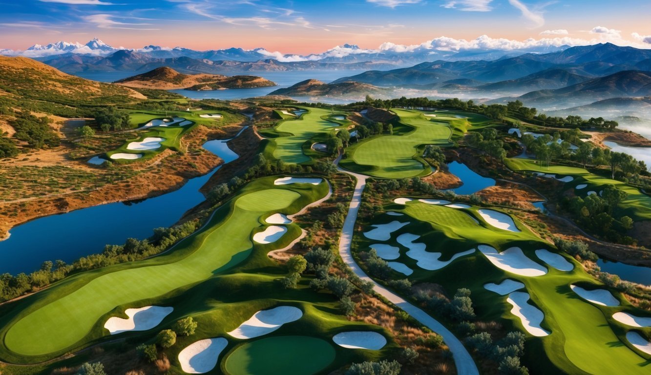 Aerial view of a scenic golf course with water features and mountains