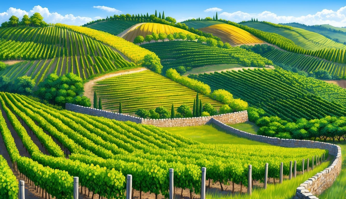 Rolling hills of vineyards in Italy, each with distinct soil and climate.</p><p>Grapes ripen under the Mediterranean sun, surrounded by ancient stone walls and lush greenery