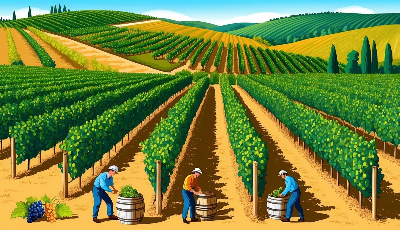 Vineyards in Italy: rolling hills, rows of grapevines, workers tending to the plants, and traditional wine-making techniques in action