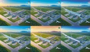 Aerial view of an airport with a large plane and multiple runways
