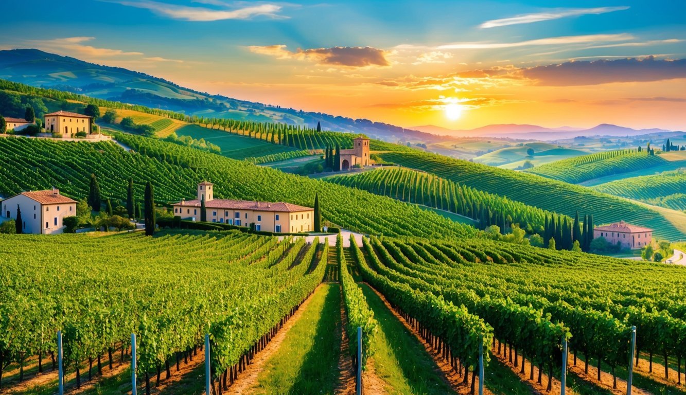 Rolling hills of lush green vineyards in Italy, each with a distinct charm and history.</p><p>The sun sets over the picturesque landscape, casting a warm glow on the prestigious wineries