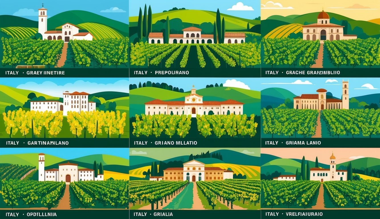 Lush vineyards in Italy, each with unique landscapes and architecture, surrounded by rolling hills and bountiful grapevines