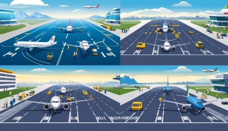 Four airport scenes with airplanes, vehicles, and people on the tarmac