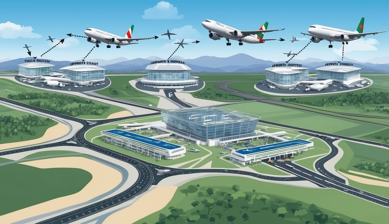 Five airports in Italy linked by roads, railways, and air routes, with planes taking off and landing, and passengers moving between terminals