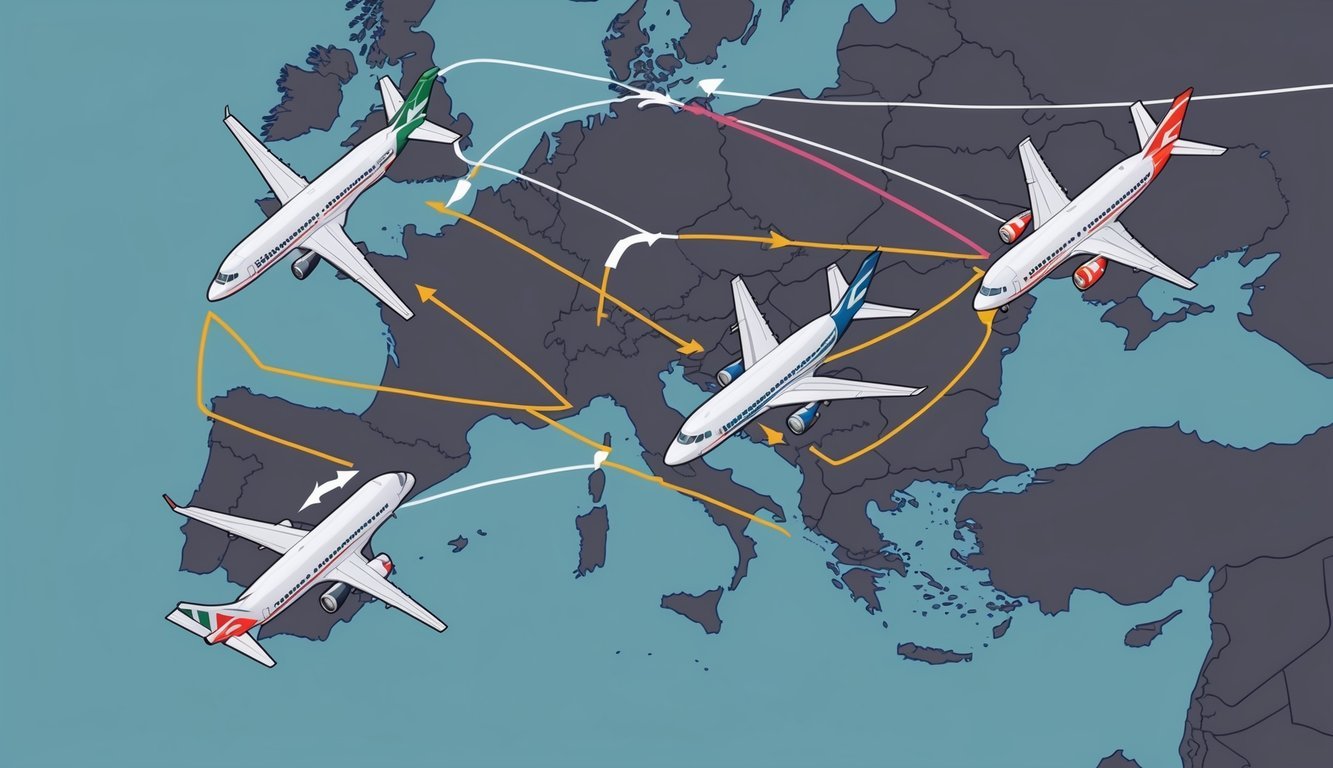 Five airports in Italy connected by lines and arrows on a map