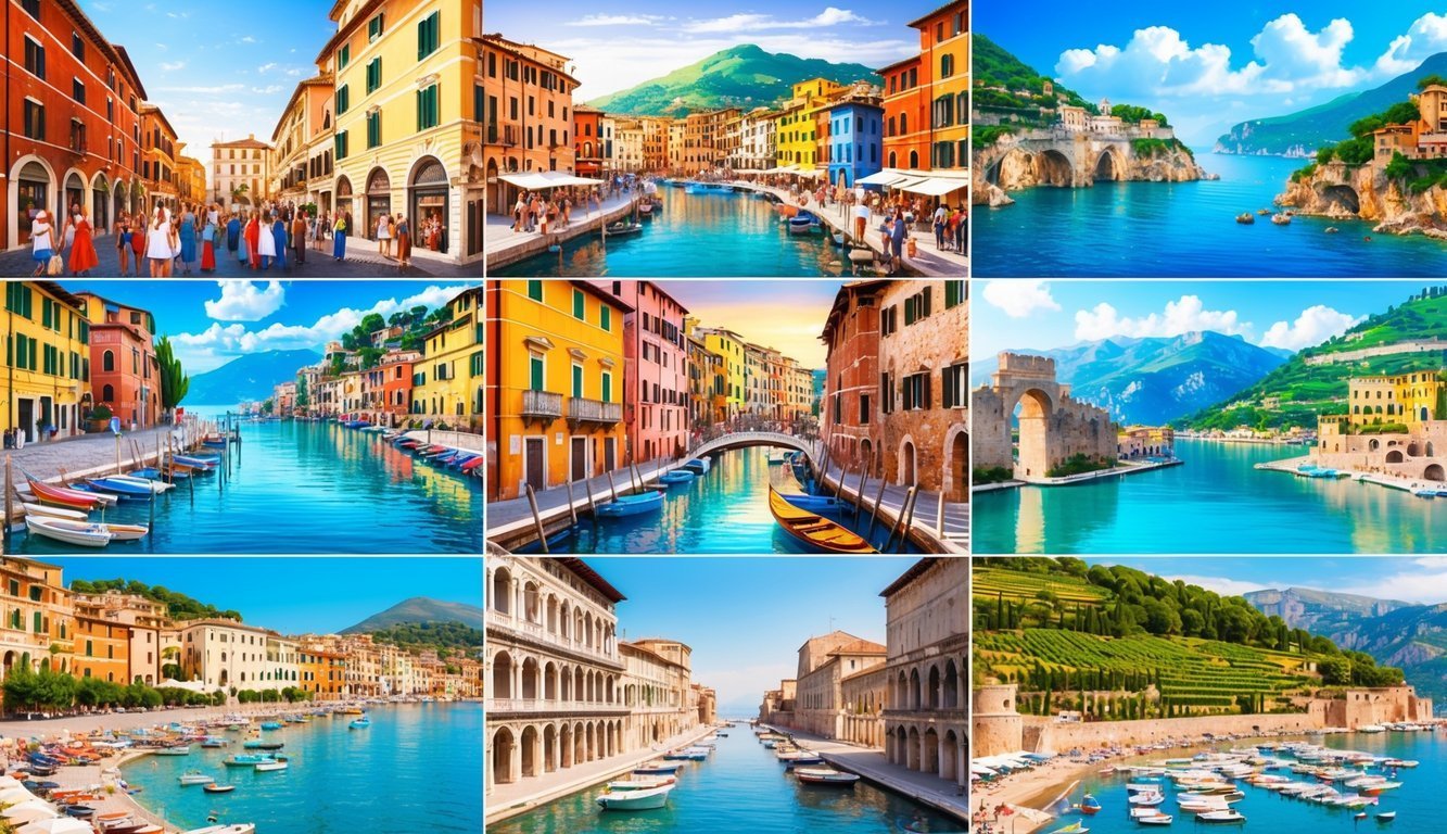 Nine colorful images of European towns with canals and boats