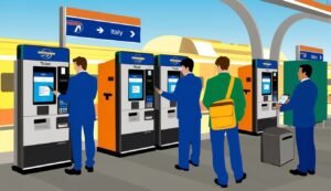People using ticket machines at a train station, destination Italy