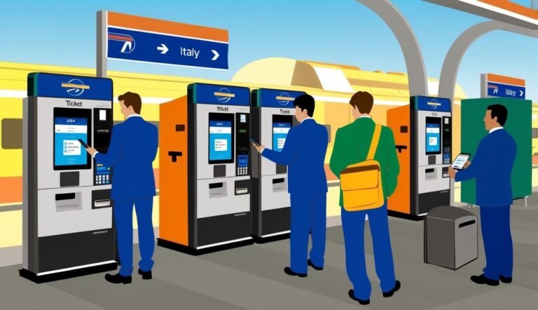 People using ticket machines at a train station, destination Italy