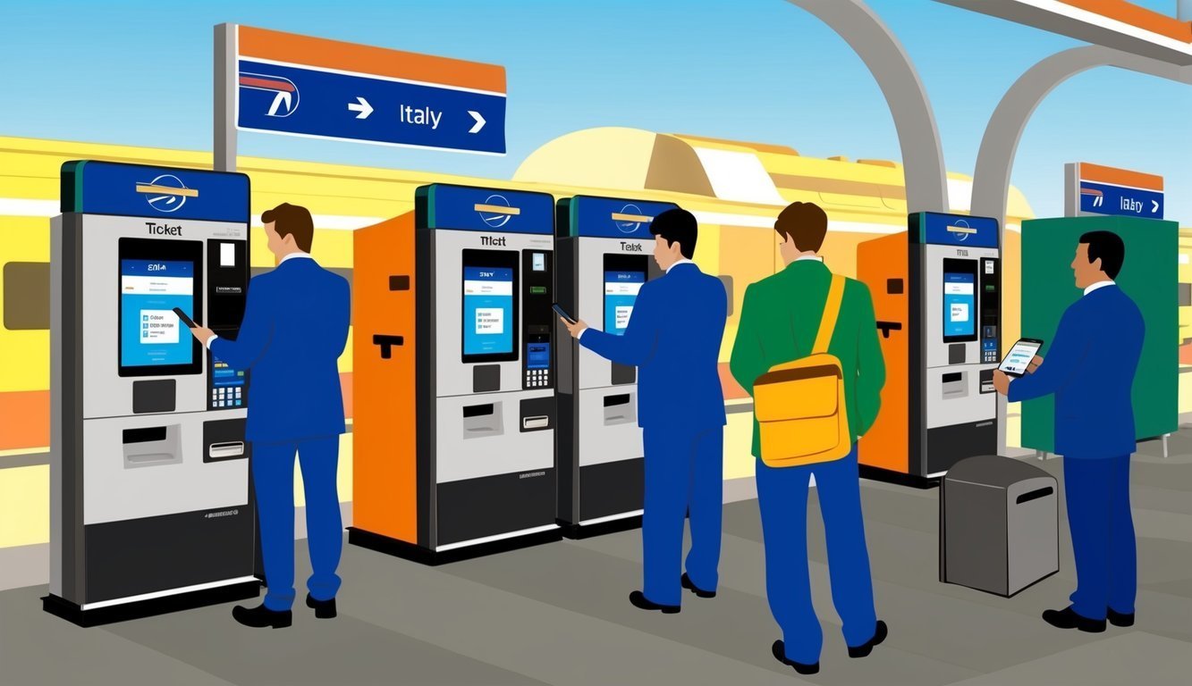 People using ticket machines at a train station, destination Italy
