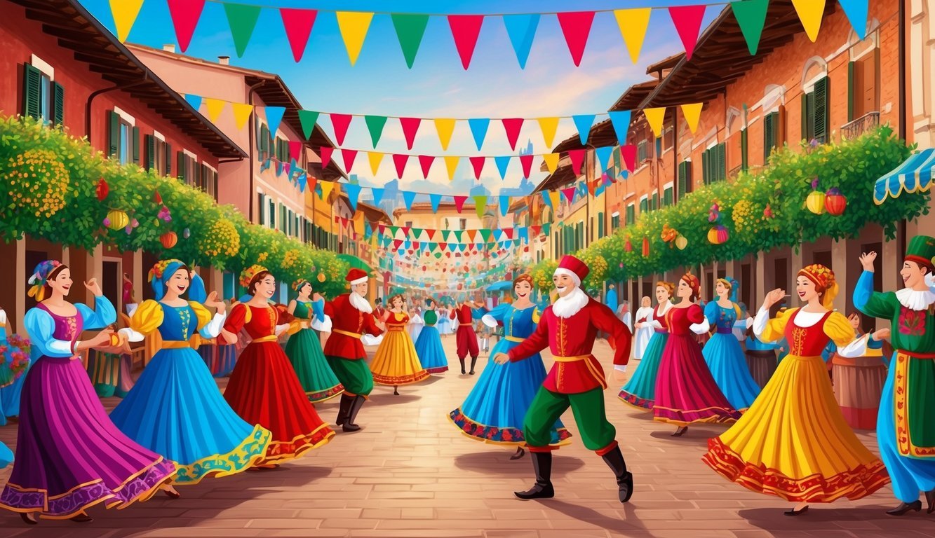 Vibrant outdoor festivals in Italy during July with colorful decorations, traditional music, and lively dancing
