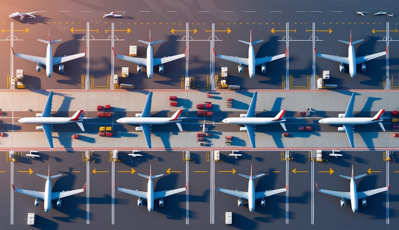 Aerial view of 6 Italian airports in operation, with planes landing and taking off, ground crew managing luggage, and efficient traffic flow