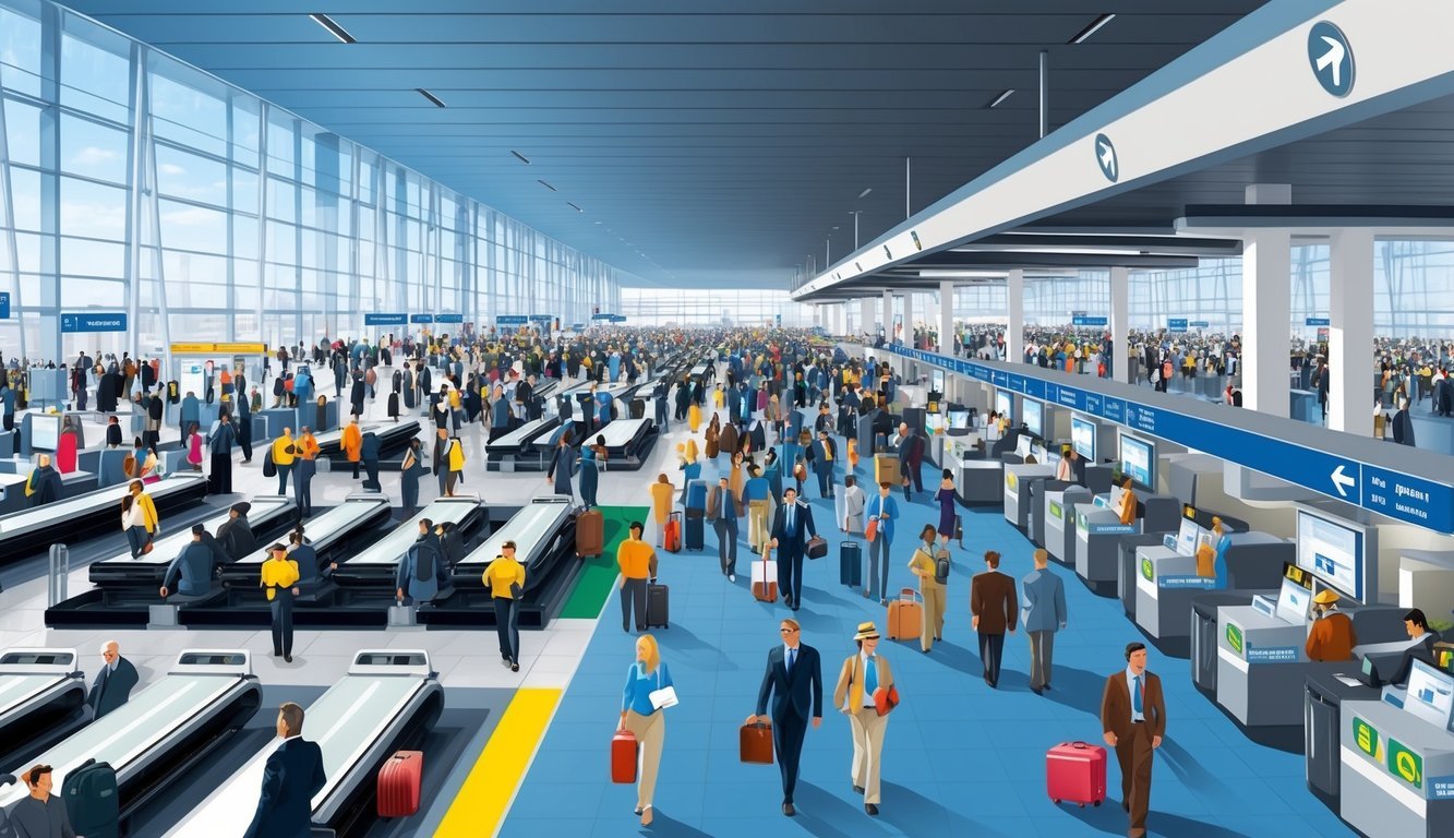 Busy Italian airport terminals with modern architecture, bustling crowds, and directional signs.</p><p>Baggage carousels and check-in counters with efficient staff