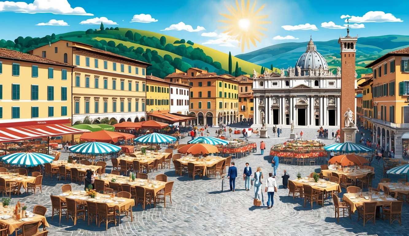 A sunny Italian piazza with iconic landmarks, bustling cafes, and vibrant outdoor markets.</p><p>The backdrop includes rolling hills and blue skies