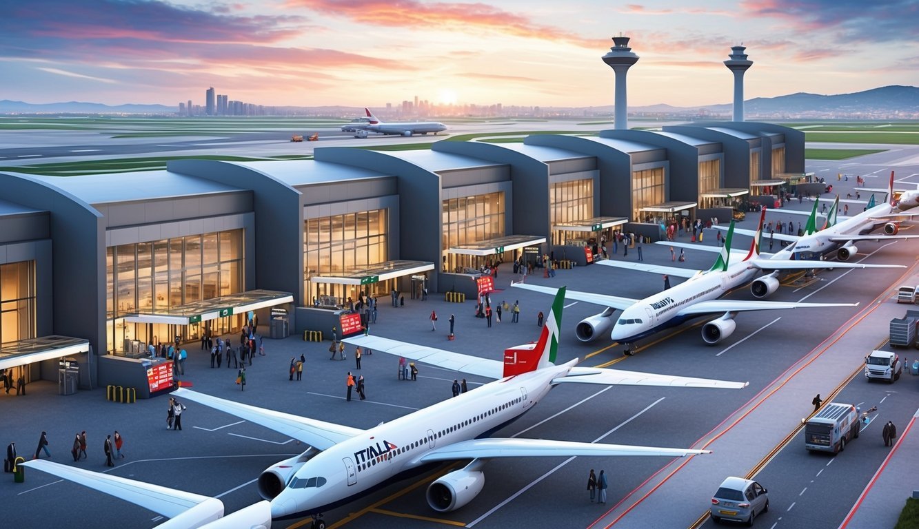 A row of modern airport terminals in Italy, with planes parked and passengers boarding