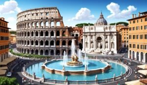Colosseum, fountain, and St. Peter's Basilica in a sunny cityscape