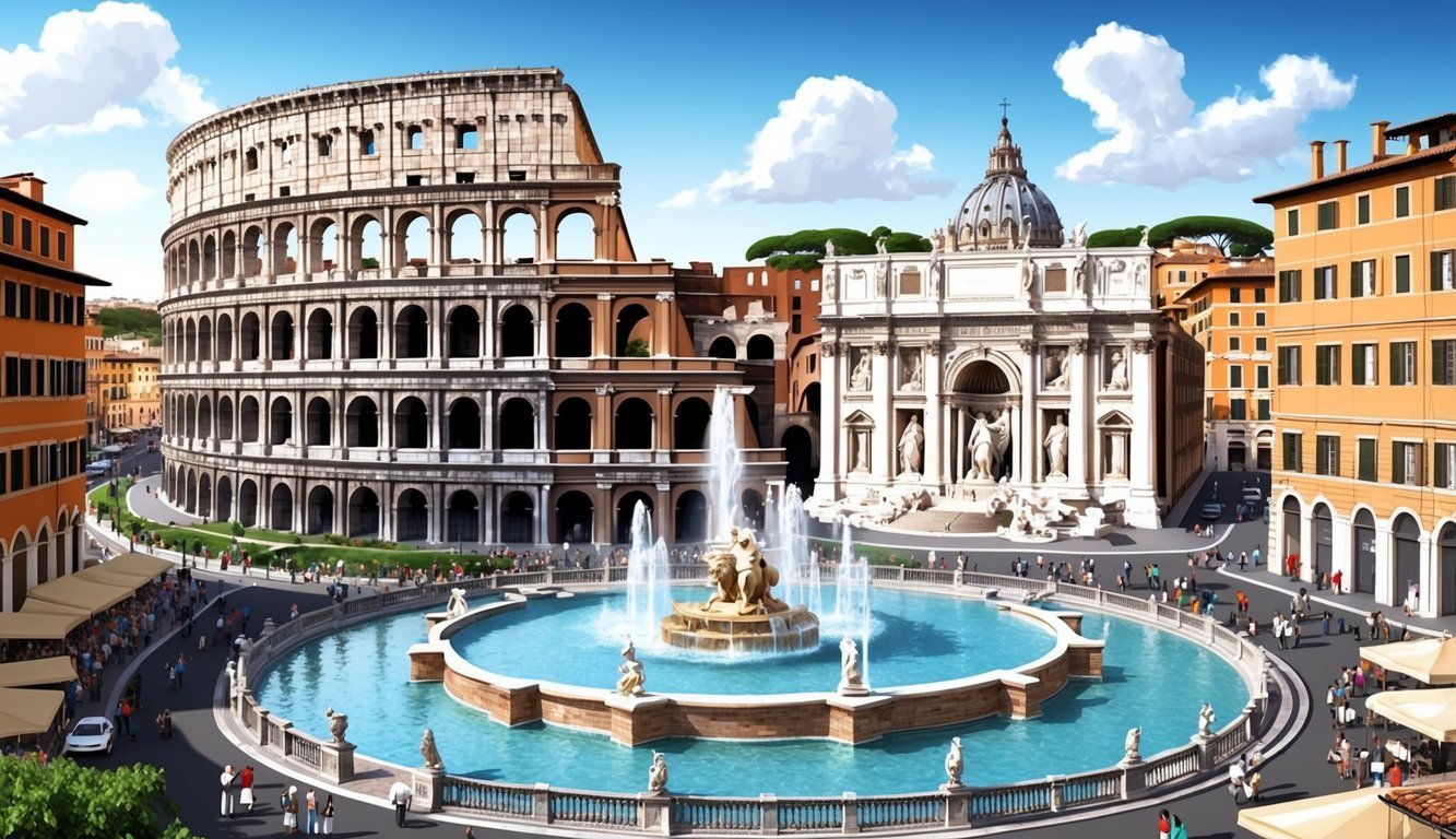 Colosseum, fountain, and St. Peter's Basilica in a sunny cityscape