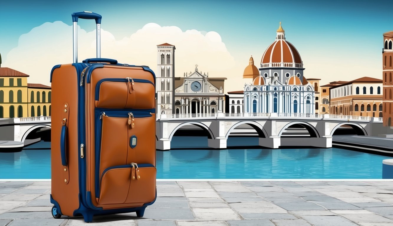 A traveler's luggage, sturdy and well-constructed, sits against a backdrop of iconic Italian landmarks, ready for the adventures that lie ahead