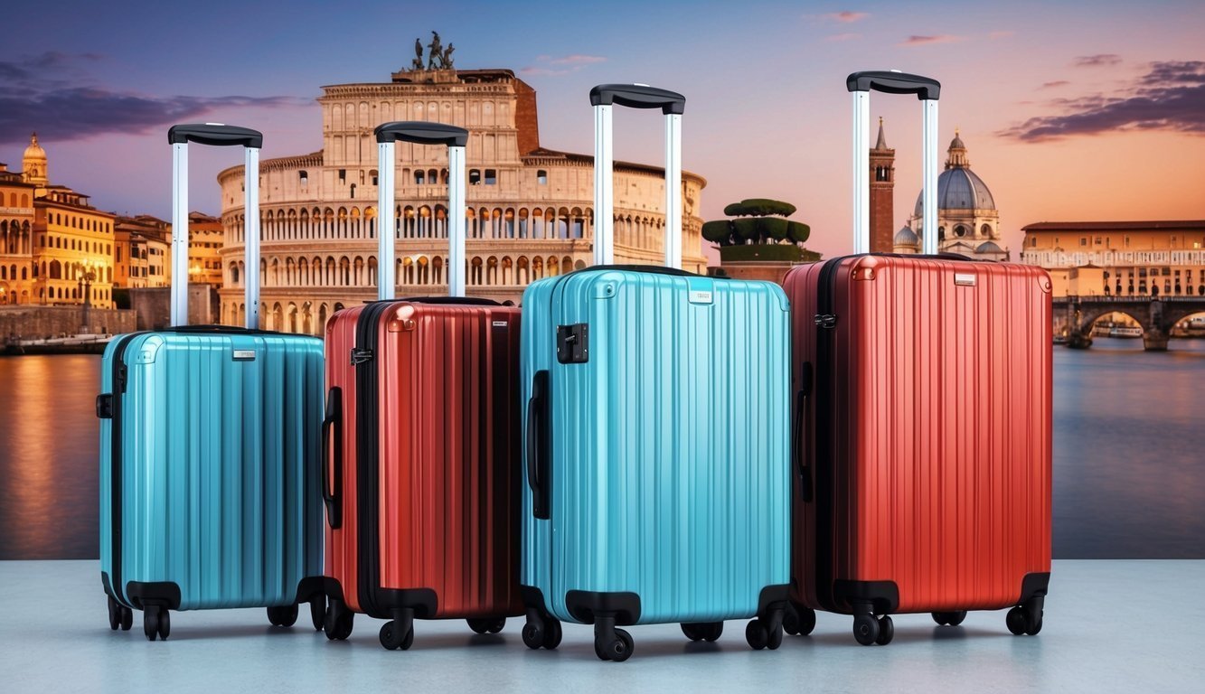 Four sturdy suitcases arranged with Italian landmarks in the background
