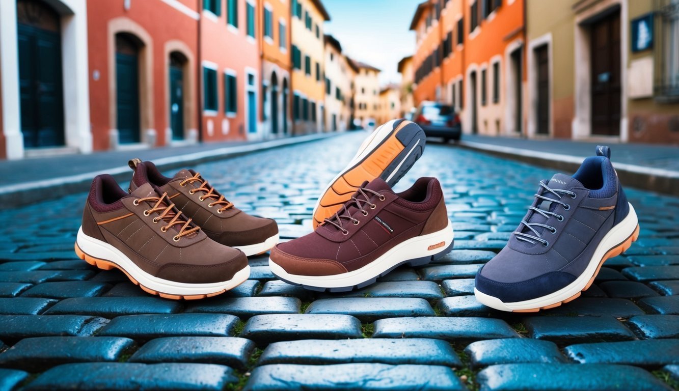 A cobblestone street in Italy with three pairs of walking shoes, each with cushioned soles and supportive arches
