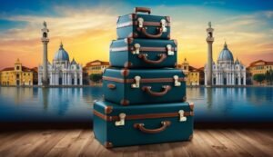 Stack of teal suitcases with Venice background at sunset