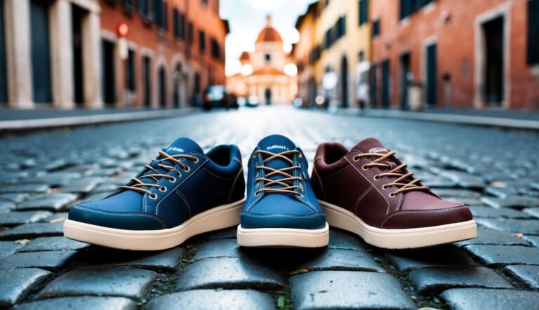 Three pairs of sneakers on cobblestone street with a European background